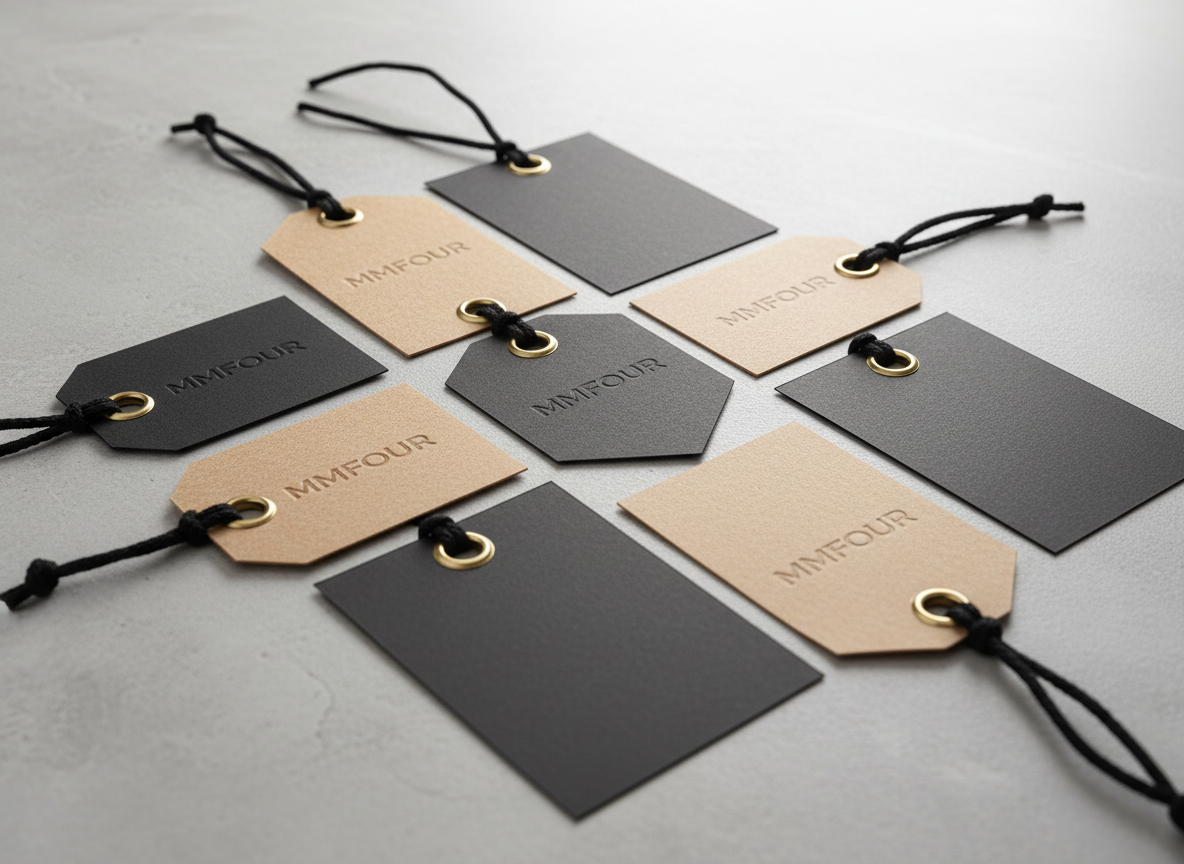A set of precisely arranged premium clothing hang tags made from recycled kraft paper and matte black cardstock, detailed with fine debossed MMFOUR insignias and industrial brass eyelets. These tags lie flat on a pale gray stone slab, giving emphasis to tactile materials and thoughtful design. Bright, neutral-toned studio lighting eliminates harsh contrasts, granting a gentle, inviting glow to the scene. The overall composition is balanced with ample breathing room around the central subject. Captured at a close, three-quarters angle for crisp, documentary detail in photographic style, conveying reliability, sophistication, and commitment to responsible brand values.