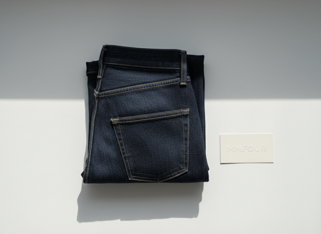 A meticulously folded pair of dark indigo raw denim jeans with clean, sharp creases, placed on a matte white concrete surface. Adjacent to the jeans, a minimalist branded MMFOUR tag with subtle embossed lettering rests, emphasizing attention to detail and quality craftsmanship. Soft diffused natural daylight floods the scene, producing gentle highlights along the fabric's texture and casting crisp, controlled shadows. The mood is polished and modern, exuding a sense of aspiration and professionalism. Captured from a slightly elevated, straight-on perspective with balanced, centered composition and ample negative space. The photographic style is clean and contemporary, aligning with a corporate, structured site aesthetic and highlighting MMFOUR's foundational product and dedication to sartorial excellence.
