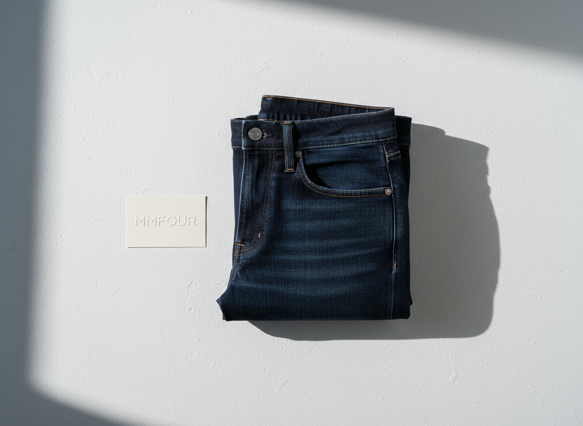 A meticulously folded pair of dark indigo raw denim jeans with clean, sharp creases, placed on a matte white concrete surface. Adjacent to the jeans, a minimalist branded MMFOUR tag with subtle embossed lettering rests, emphasizing attention to detail and quality craftsmanship. Soft diffused natural daylight floods the scene, producing gentle highlights along the fabric's texture and casting crisp, controlled shadows. The mood is polished and modern, exuding a sense of aspiration and professionalism. Captured from a slightly elevated, straight-on perspective with balanced, centered composition and ample negative space. The photographic style is clean and contemporary, aligning with a corporate, structured site aesthetic and highlighting MMFOUR's foundational product and dedication to sartorial excellence.