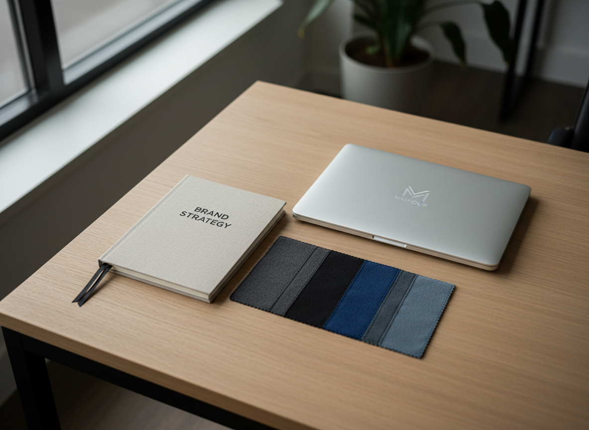 An organized workspace tabletop featuring a neutral-toned linen-bound brand strategy notebook, a sleek silver laptop closed with a subtle MMFOUR logo, and a neatly arranged row of fabric swatches in shades of gray, black, and deep blue. The tabletop itself is a smooth, lightly textured oak with clean edges, positioned in a light-filled office setting. Gentle overcast daylight streams in from the left, illuminating each object evenly and creating soft, elongated shadows for an atmosphere of calm focus. Composed using the rule of thirds, shot from an overhead perspective to showcase clarity and order. The image delivers a professional, photographic realism that speaks directly to MMFOUR's consultancy and branding expertise.